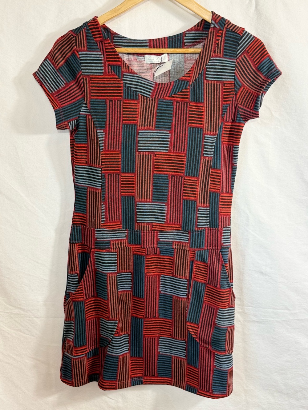 Za Zen Striped Geo-Block Short Sleeve Mini Dress in Red and Blue